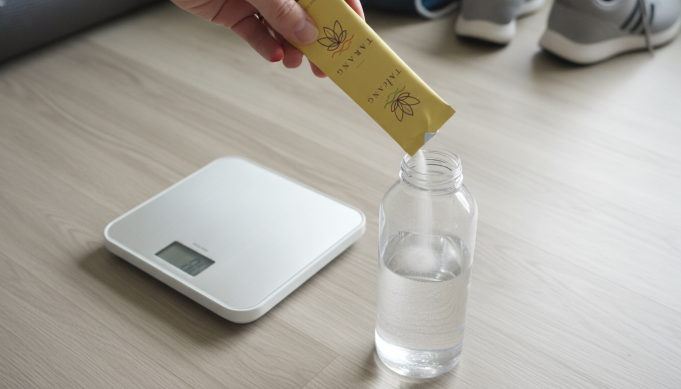 Bathroom scale next to a Tarang electrolyte stick pack and water bottle for a sweat rate field test