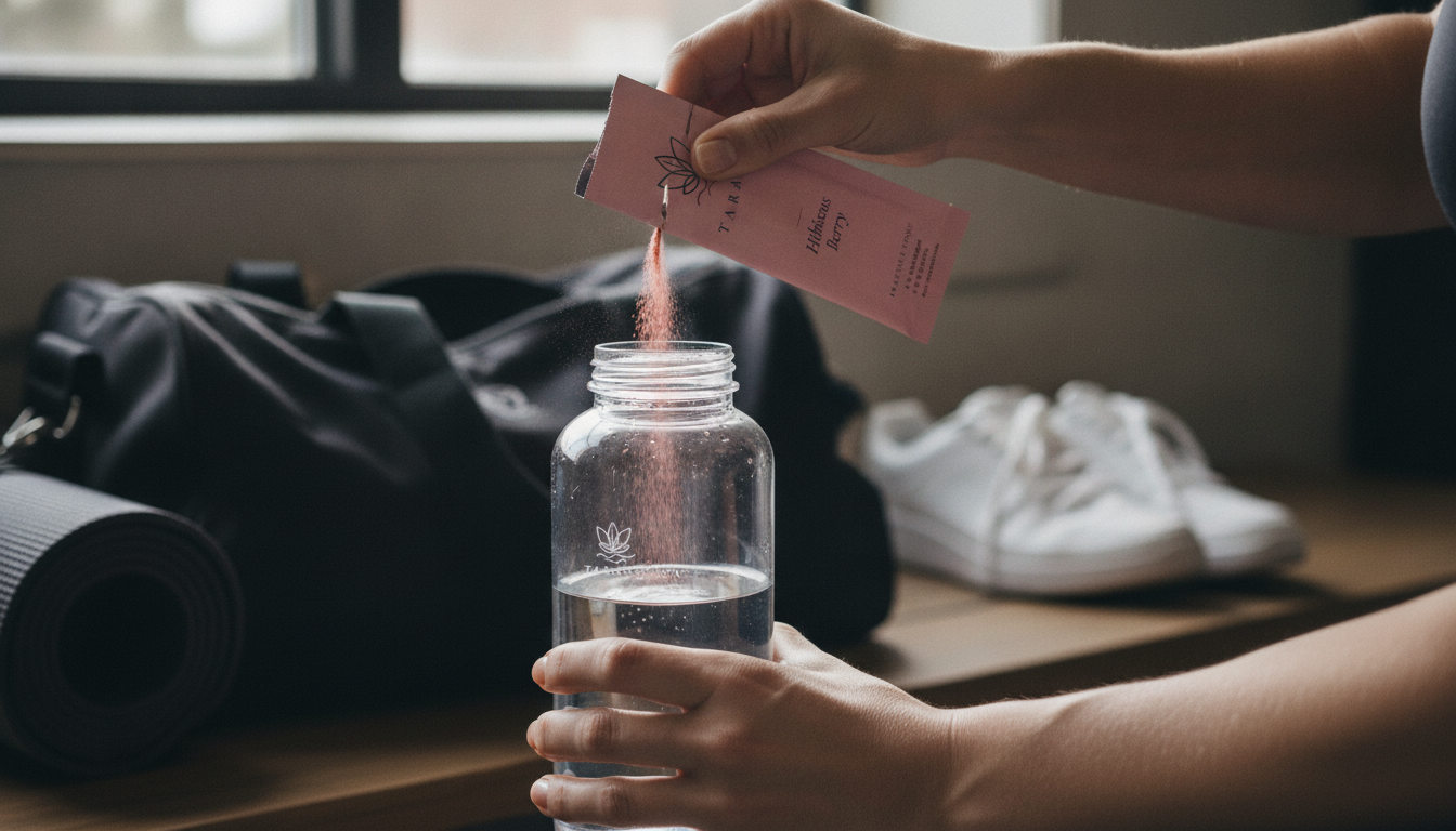 Hands pouring Tarang Hibiscus Berry electrolyte stick into a water bottle before a workout