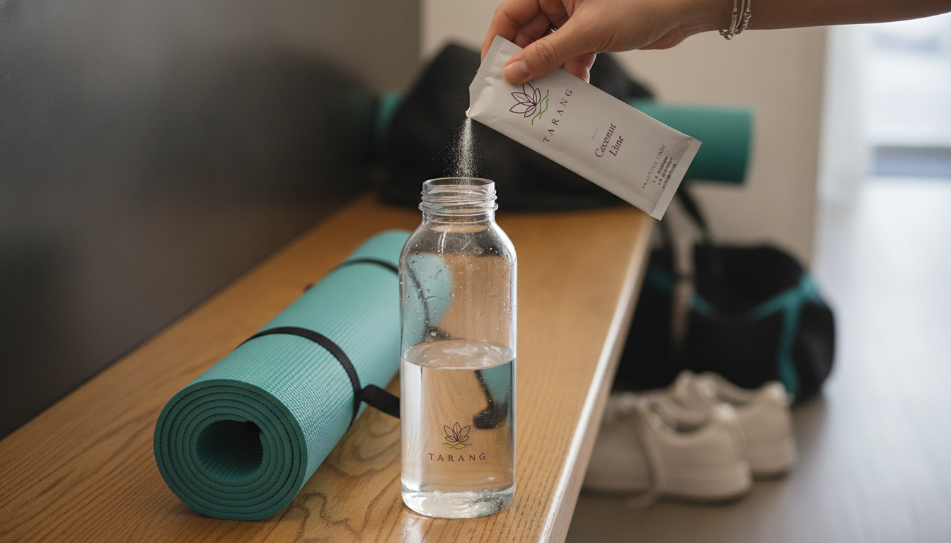 Tarang Coconut Lime electrolyte stick on a rolled yoga mat beside a water bottle in a pilates studio