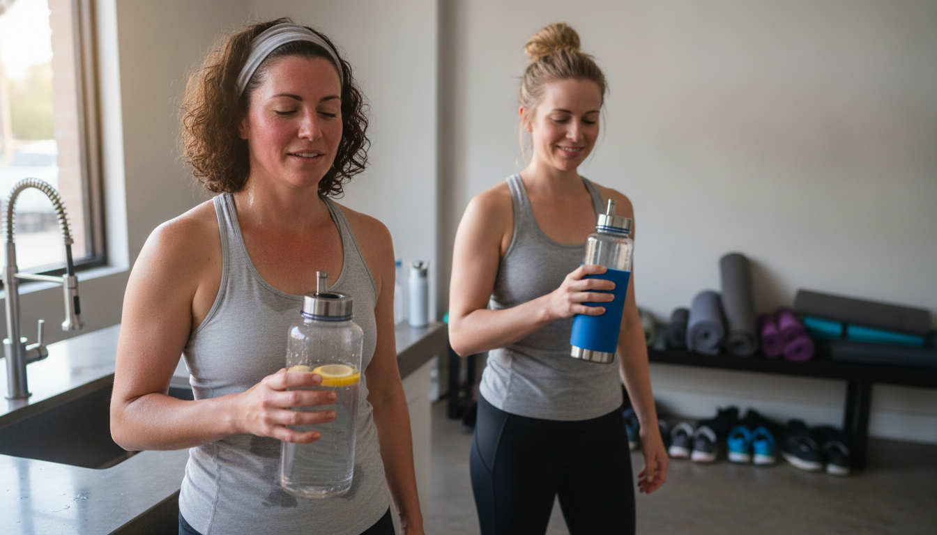 Two women with different sweat levels standing at a studio water station after heated yoga class