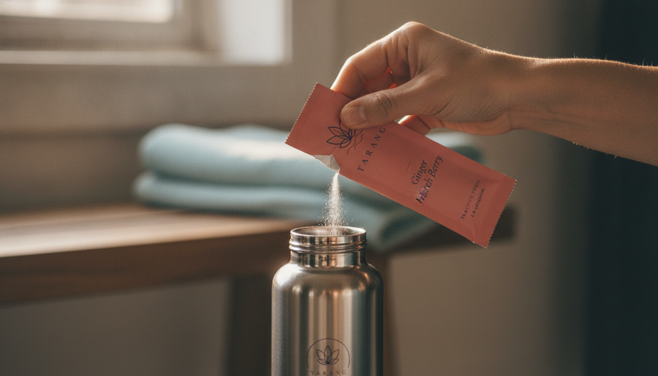 Hand tearing a Tarang Hibiscus Berry stick into a bottle inside a heated yoga studio