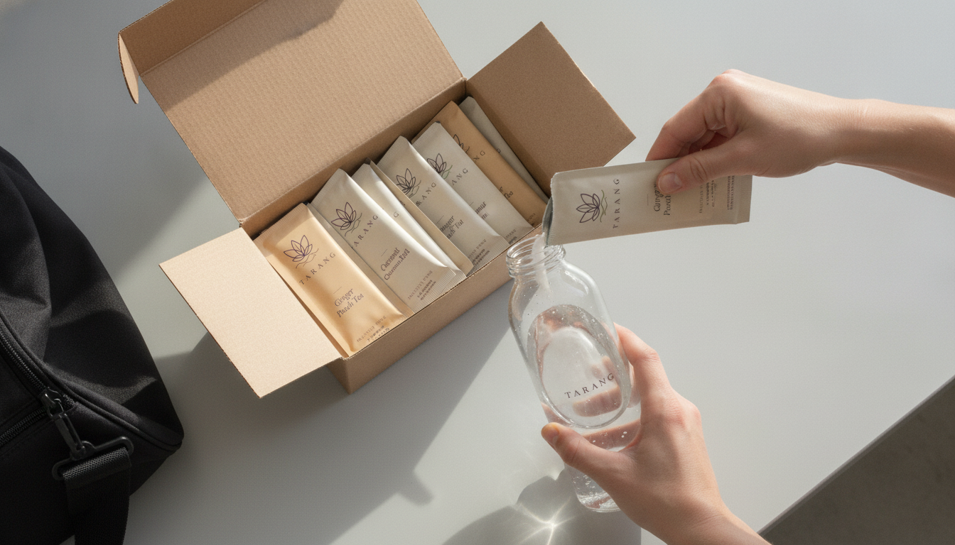 Open Tarang Discovery Box with mixed flavor sticks fanned out near a gym bag