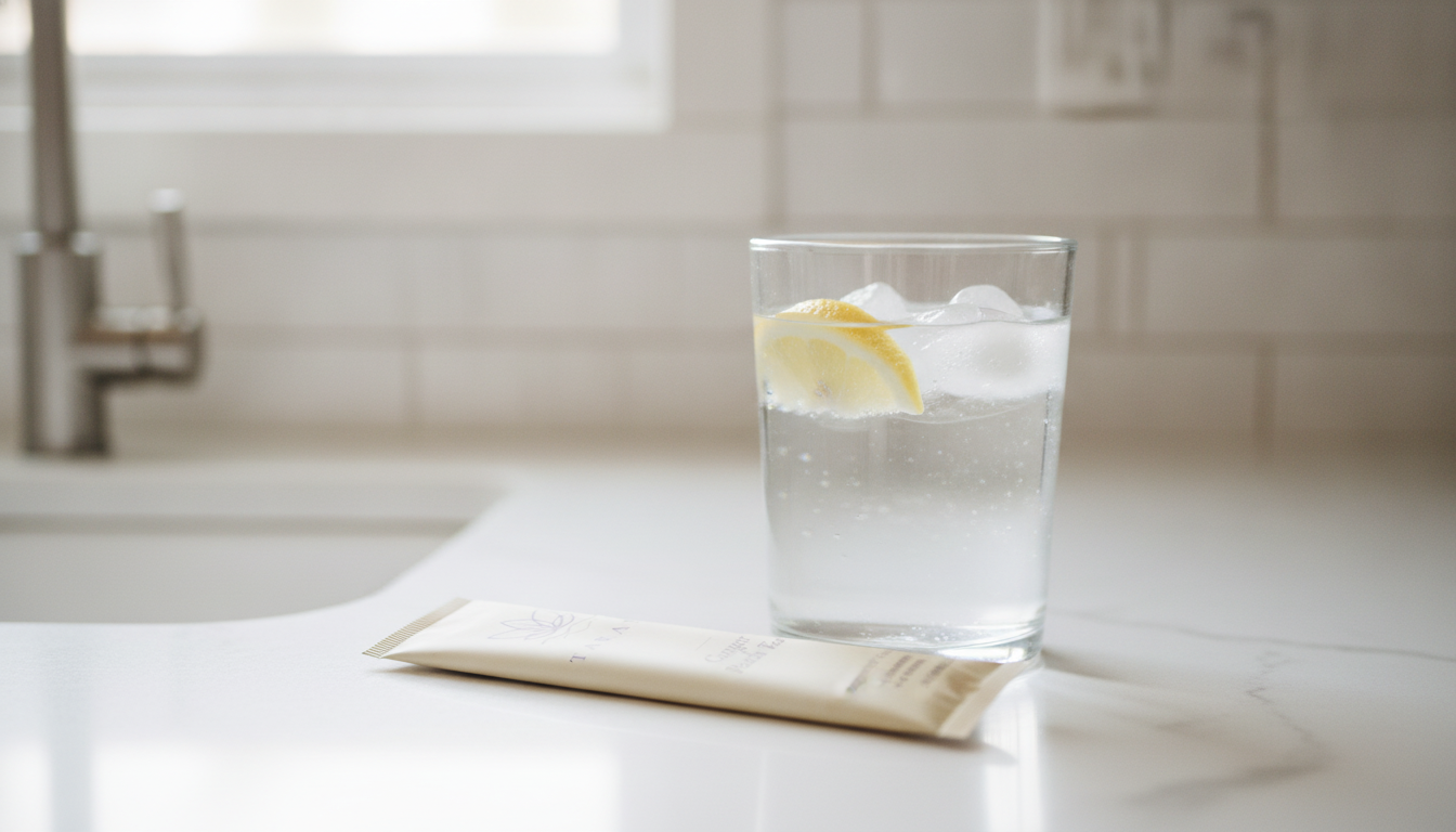 Tarang Yuzu Lemon stick next to a glass of iced water in early morning kitchen light