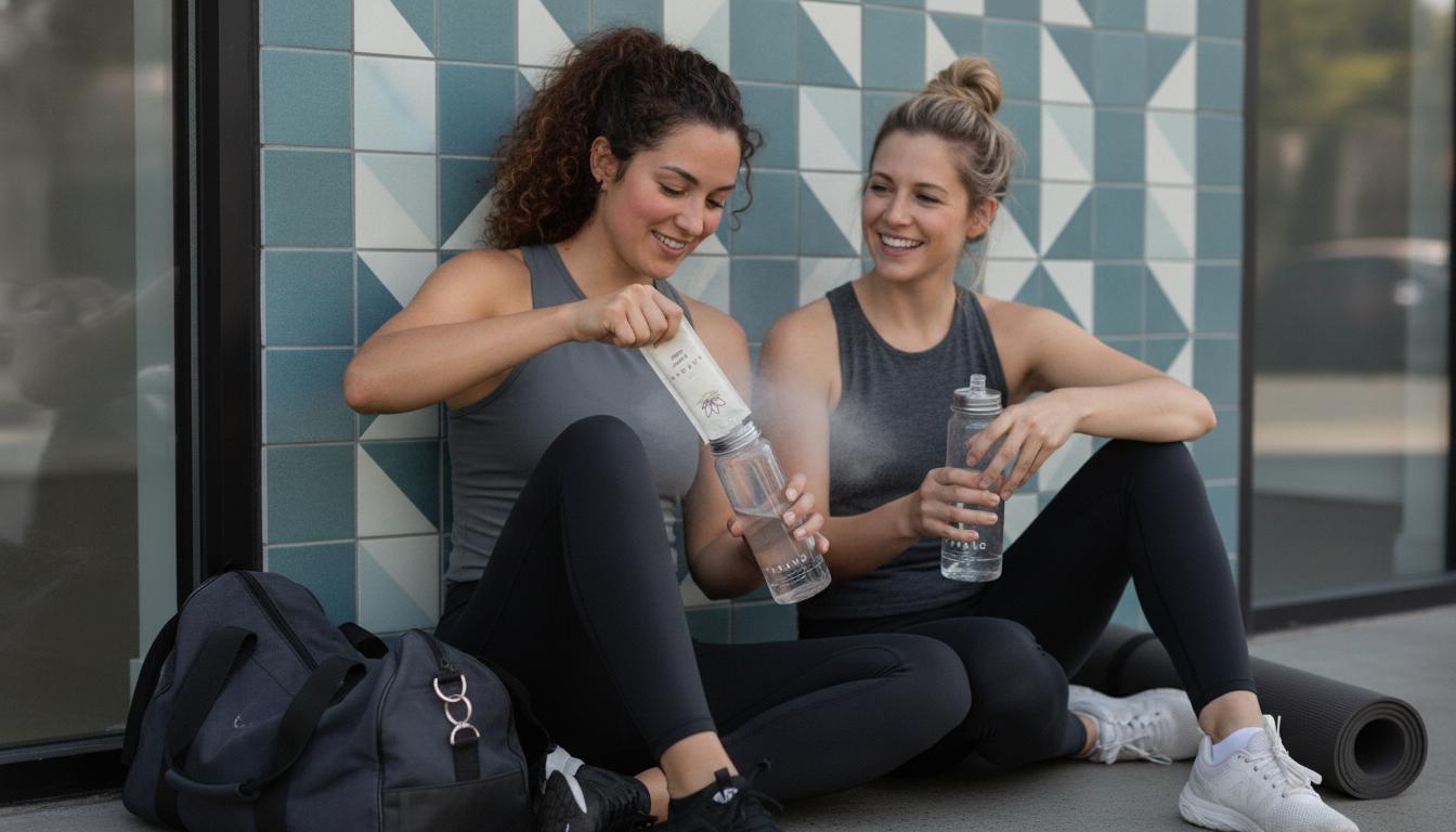 Two women mixing a Tarang stick after heated pilates class