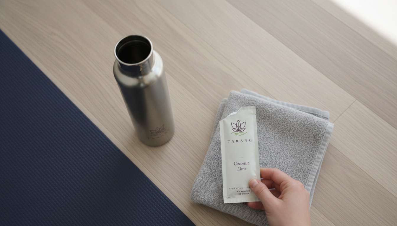 Water bottle and Tarang stick on a yoga studio mat during class