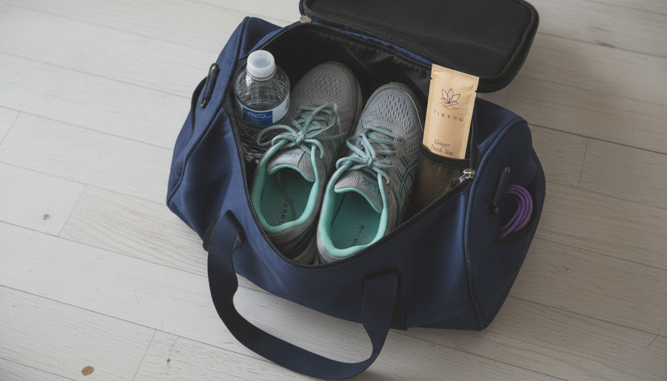 Gym bag with running shoes and a Tarang electrolyte stick pack ready for a workout