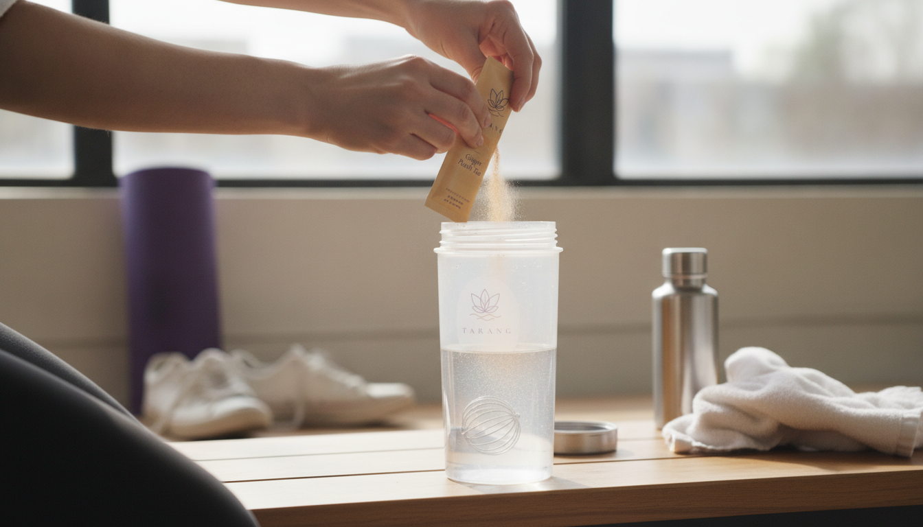 Hands pouring a Tarang electrolyte stick into a shaker bottle before a yoga class