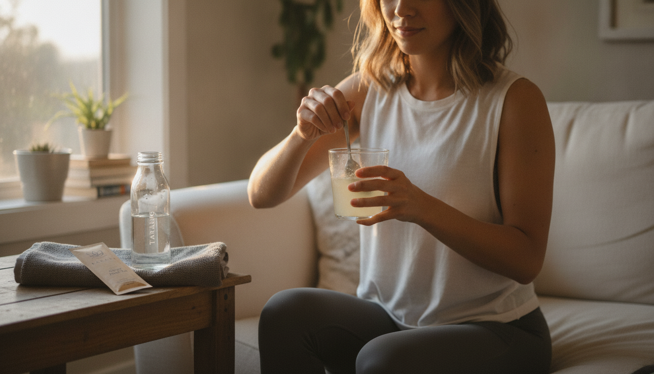 Person on a couch mixing a Tarang electrolyte stick on a rest day