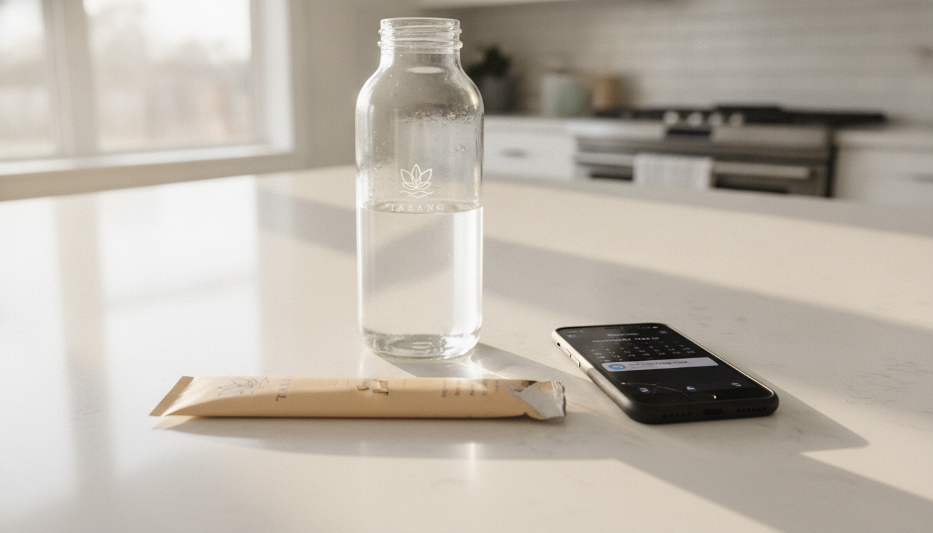Tarang electrolyte stick next to a water bottle and a phone showing a daily reminder on a kitchen counter