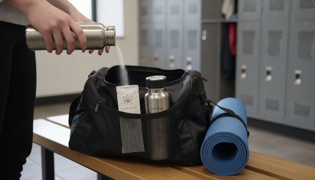 Gym bag with a Tarang electrolyte stick tucked in the pocket next to a yoga mat and water bottle