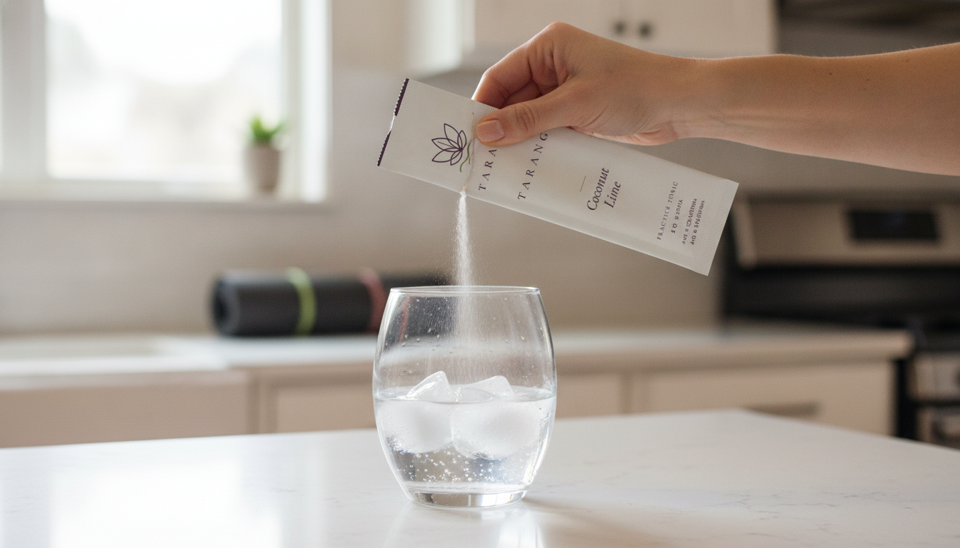 Hand tearing open a Tarang electrolyte stick over a glass of water with ice