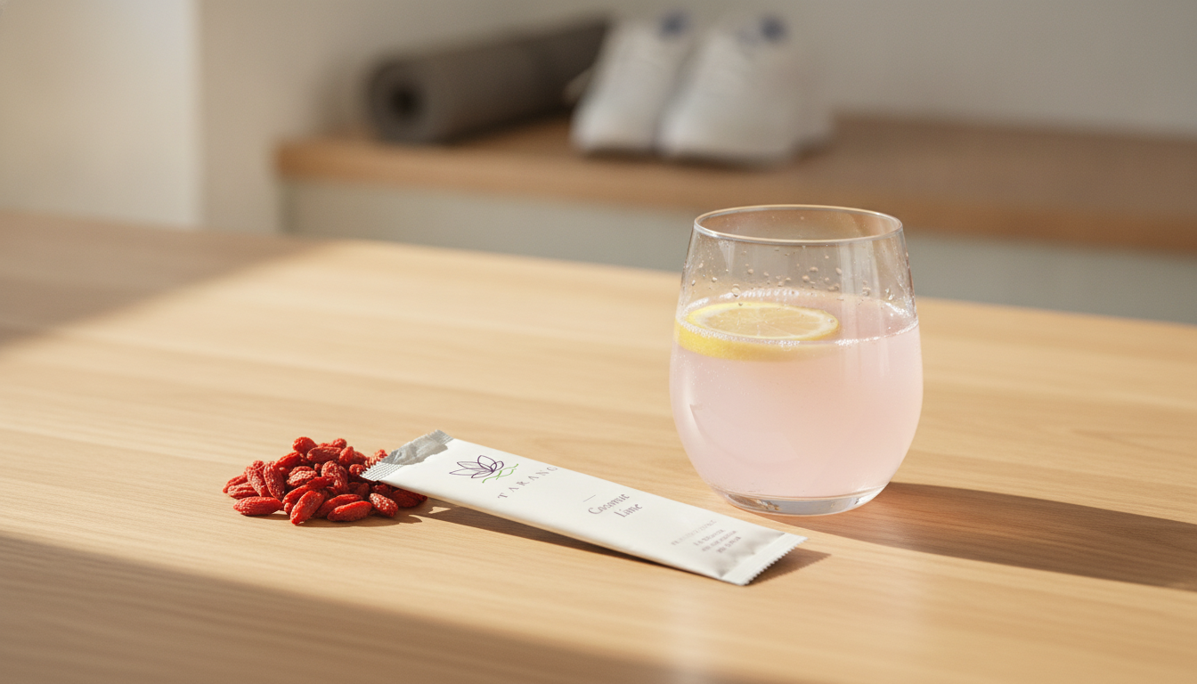 Tarang electrolyte stick beside goji berries and a glass of hibiscus-tinted water
