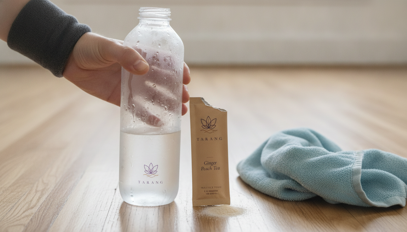 Electrolyte water bottle and open Tarang stick on a hot yoga studio floor mid-class