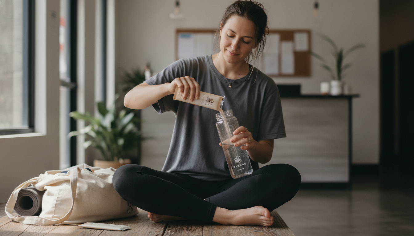 Woman mixing a Tarang creatine electrolyte stick into water after a heated pilates or yoga class